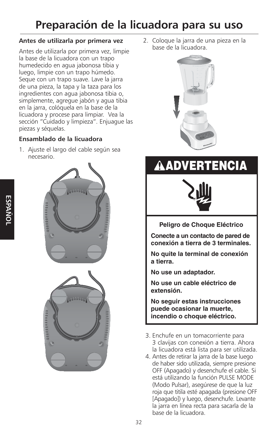 Advertencia, Preparación de la licuadora para su uso | KITCHENAID KSB465 User Manual | Page 35 / 44
