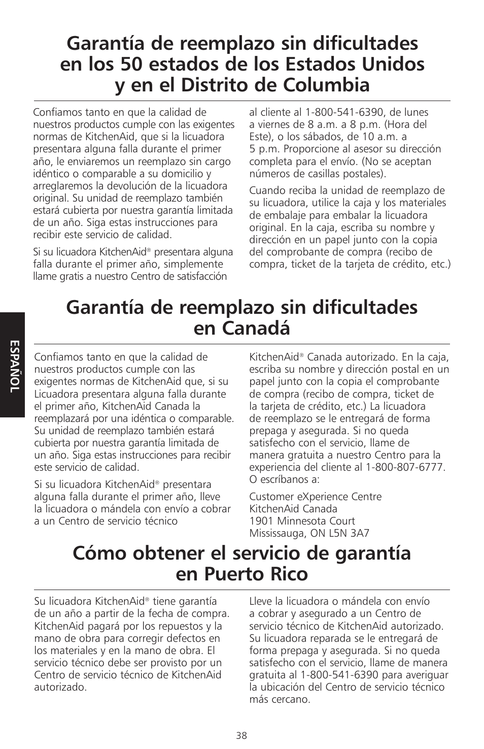 Garantía de reemplazo sin dificultades en canadá | KITCHENAID KSB465 User Manual | Page 41 / 44