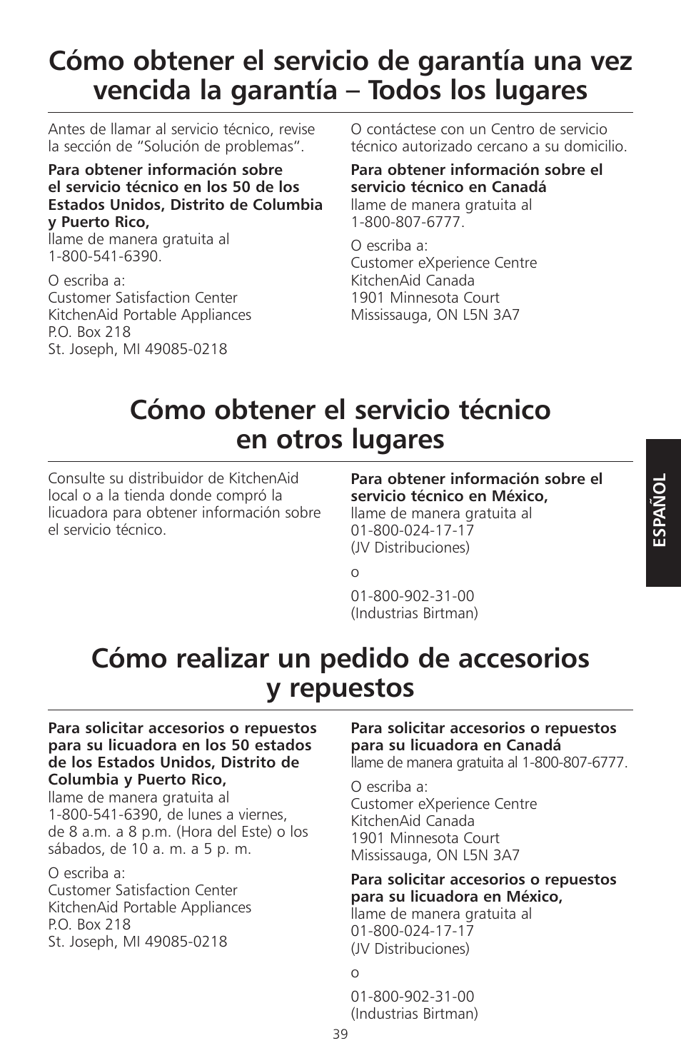 Cómo obtener el servicio técnico en otros lugares, Cómo realizar un pedido de accesorios y repuestos | KITCHENAID KSB465 User Manual | Page 42 / 44