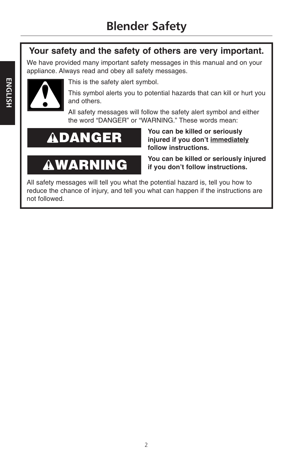 Danger warning, Blender safety | KITCHENAID KSB465 User Manual | Page 5 / 44