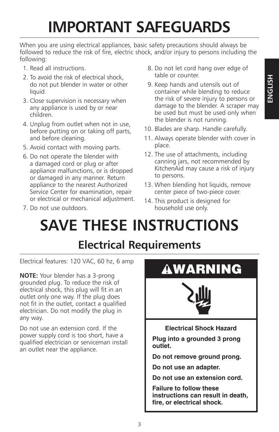Important safeguards, Save these instructions, Warning | Electrical requirements | KITCHENAID KSB465 User Manual | Page 6 / 44