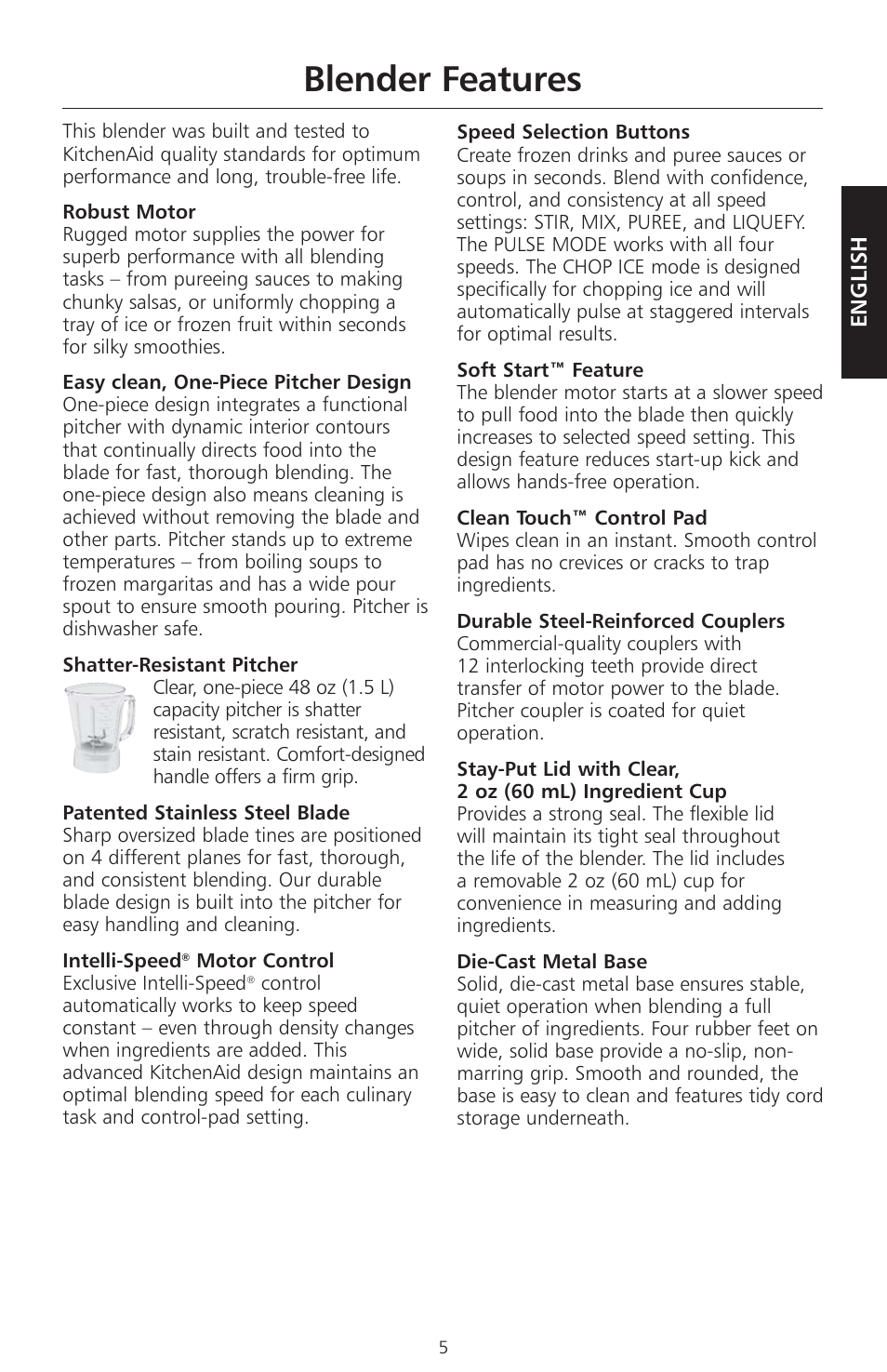 Blender features | KITCHENAID KSB465 User Manual | Page 8 / 44