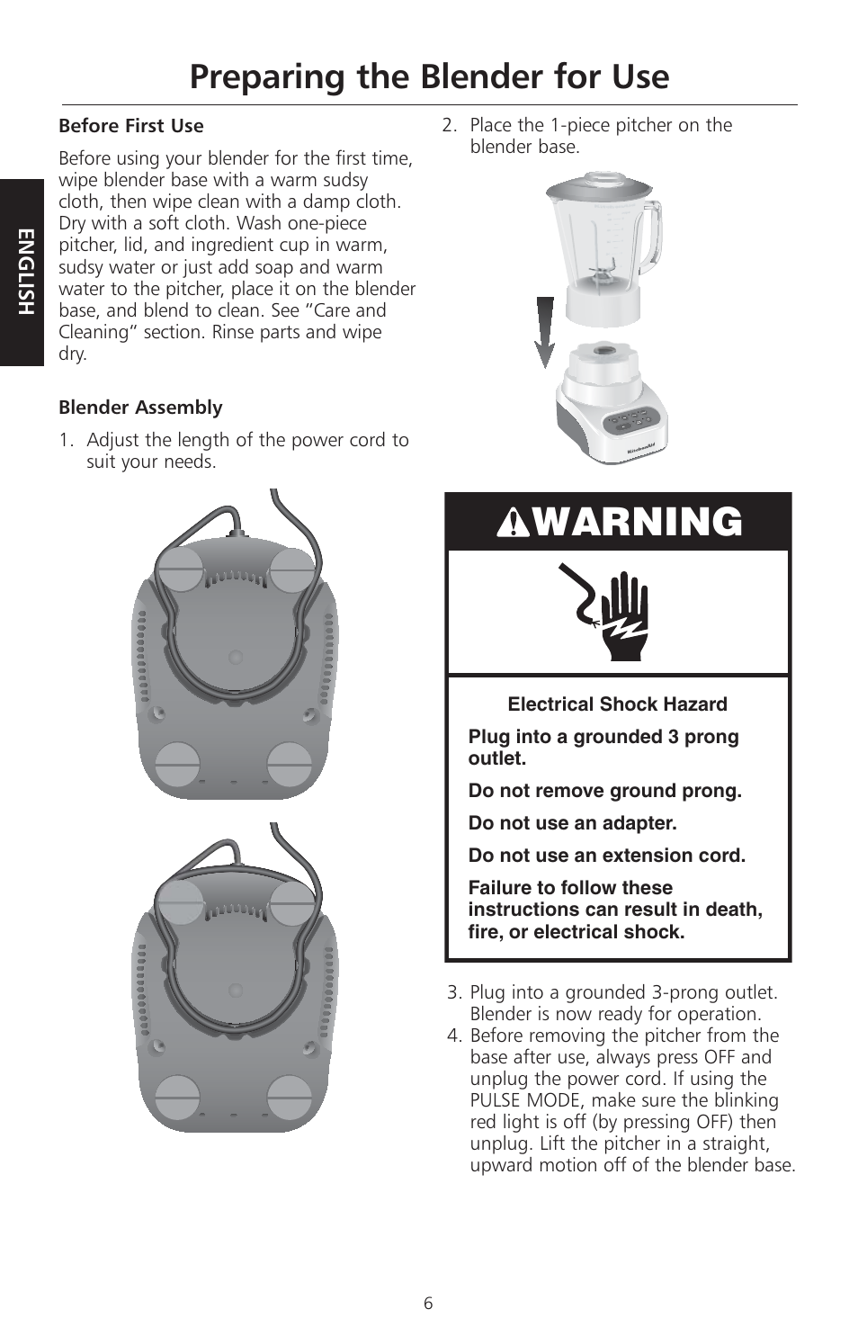 Warning, Preparing the blender for use | KITCHENAID KSB465 User Manual | Page 9 / 44