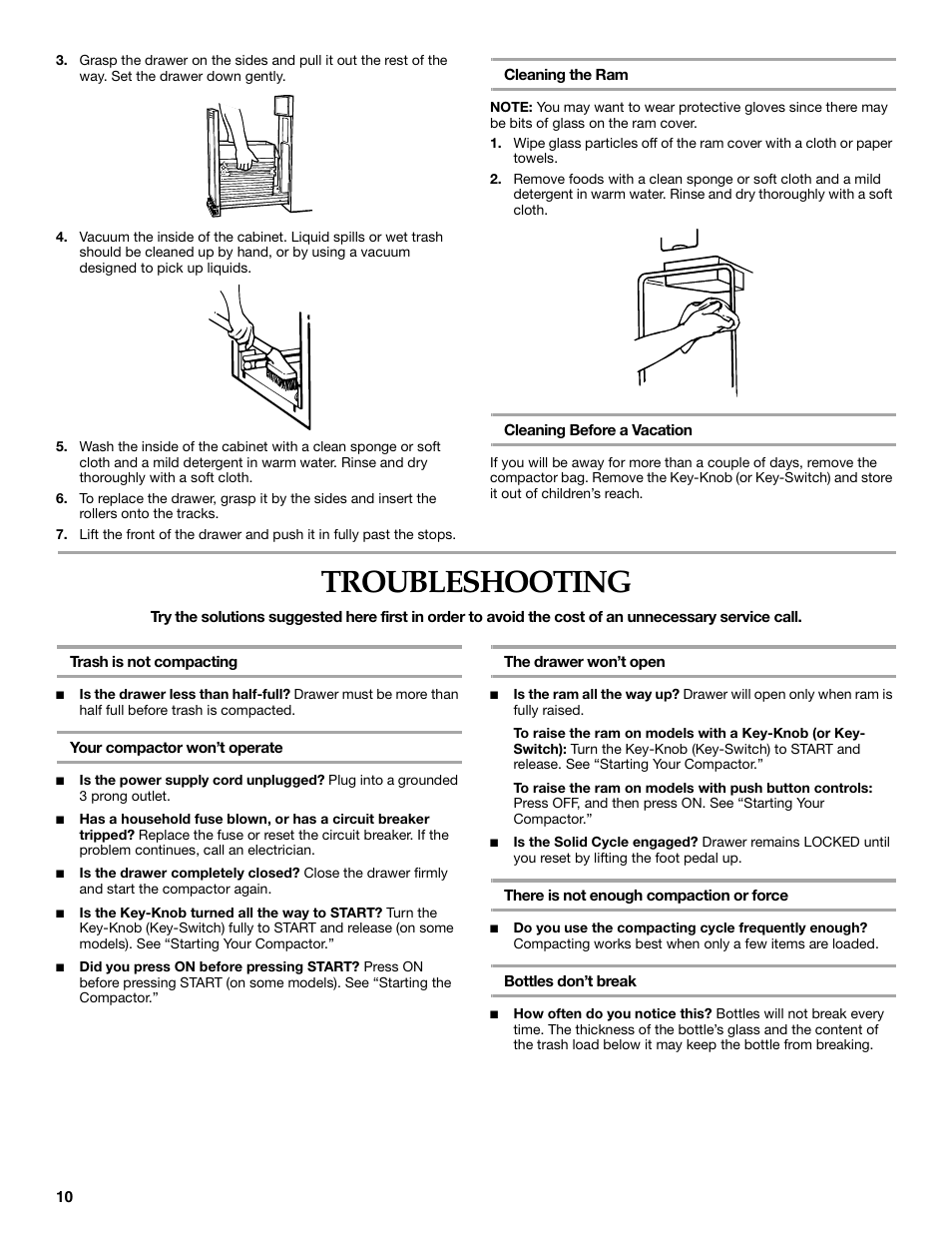 Troubleshooting | KITCHENAID INTEGRATED COMPACTOR User Manual | Page 10 / 12