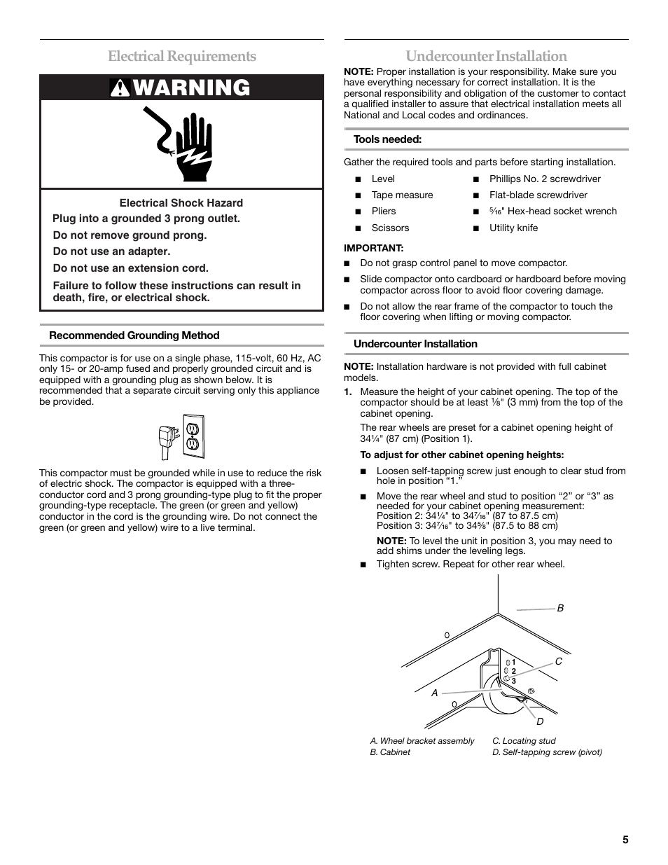 Warning, Electrical requirements, Undercounter installation | KITCHENAID INTEGRATED COMPACTOR User Manual | Page 5 / 12