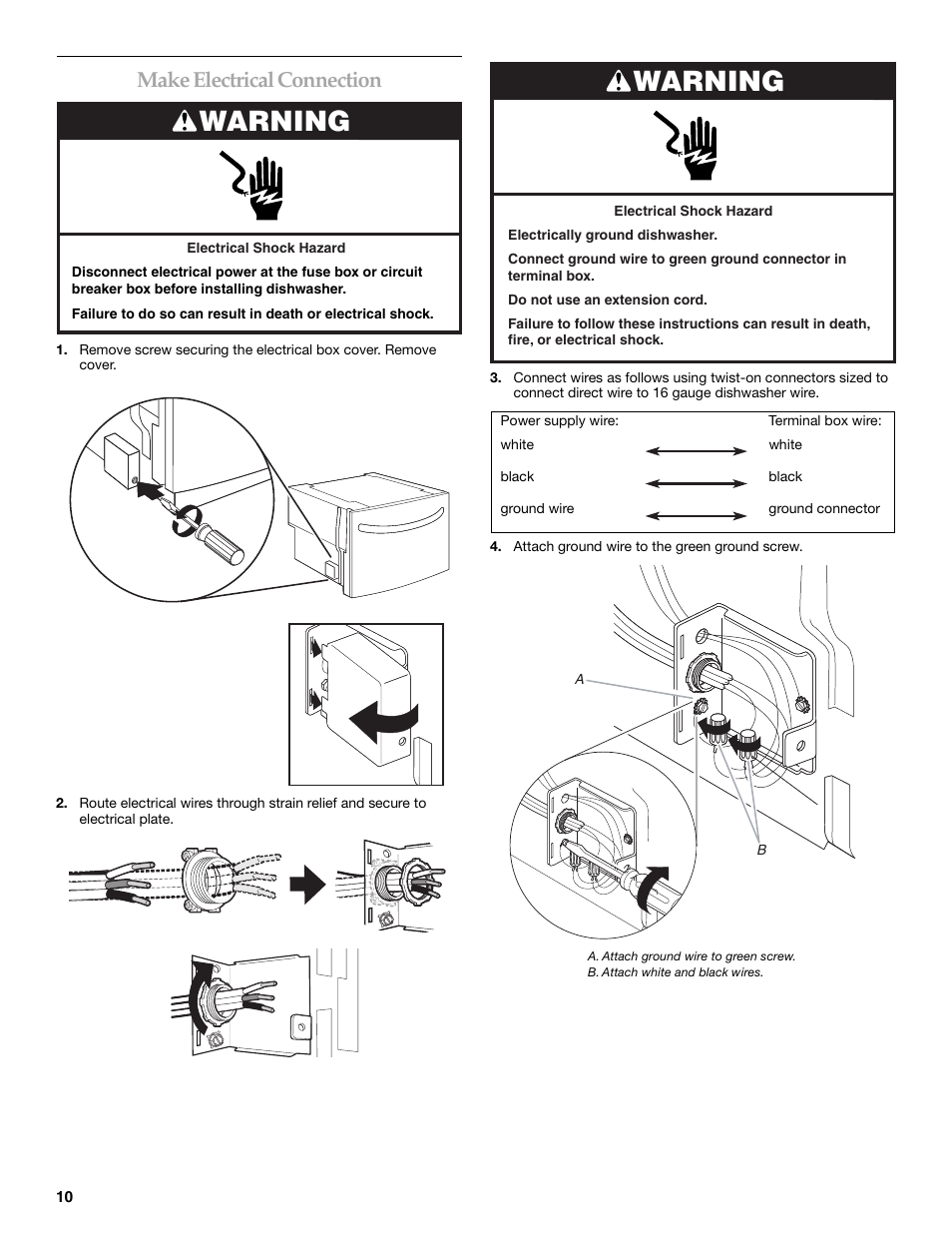 Warning, Make electrical connection | KITCHENAID KUDD03STBL User Manual | Page 10 / 44
