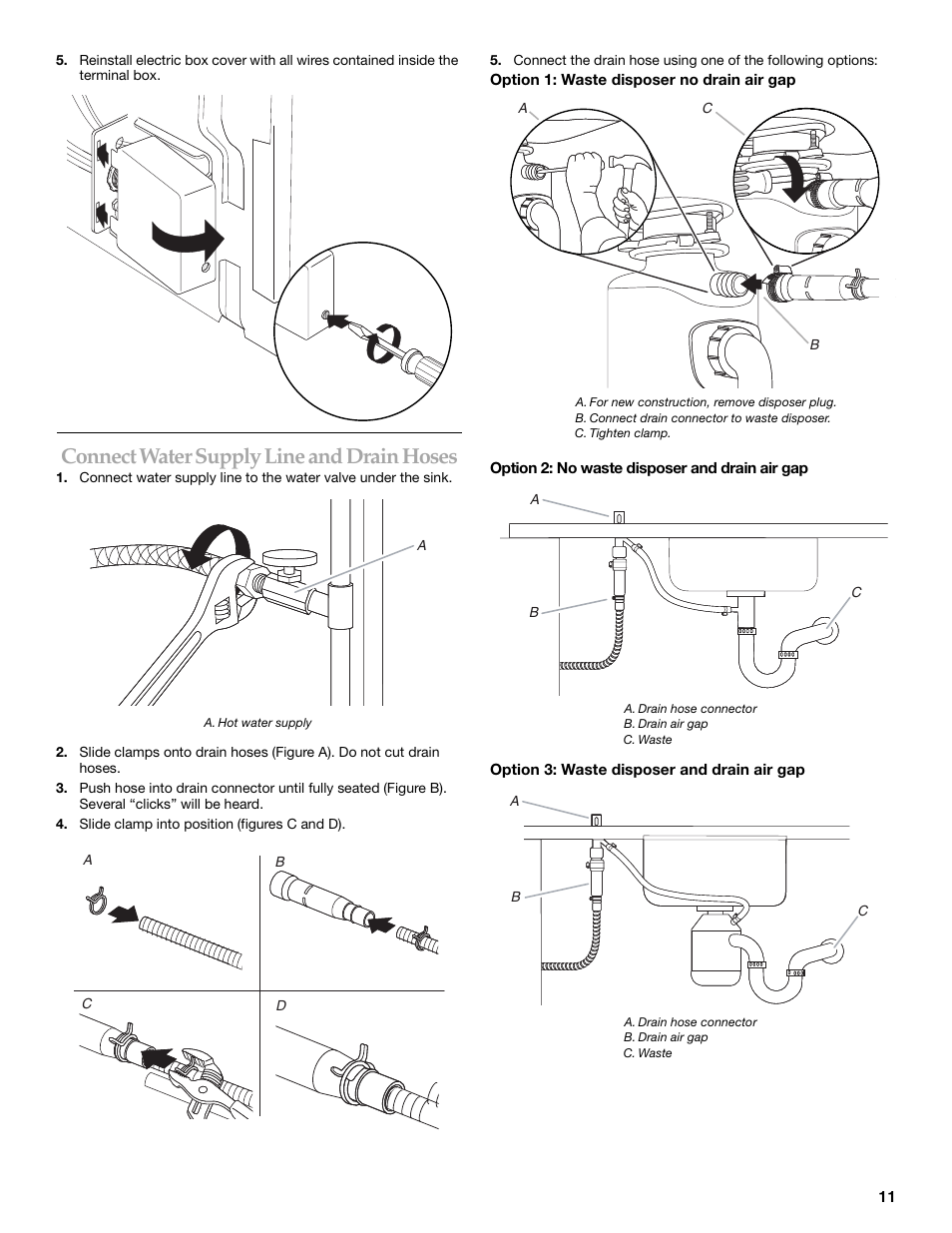 Connect water supply line and drain hoses | KITCHENAID KUDD03STBL User Manual | Page 11 / 44