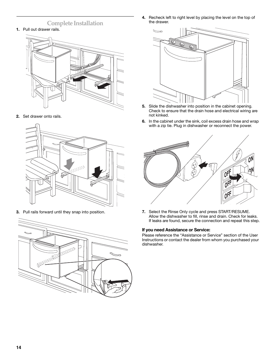 On off on off off, Complete installation | KITCHENAID KUDD03STBL User Manual | Page 14 / 44