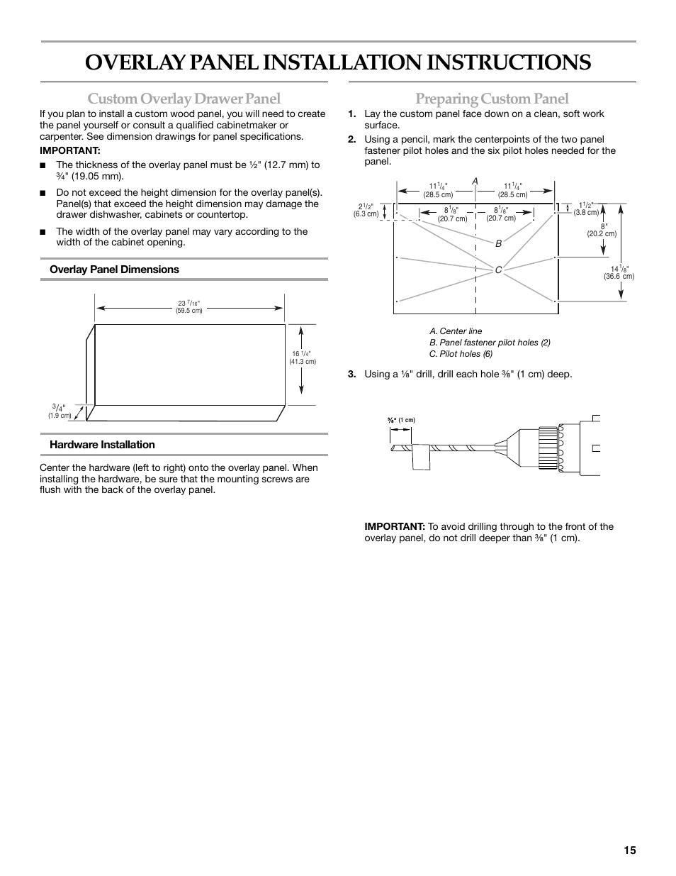 Overlay panel installation instructions, Custom overlay drawer panel, Preparing custom panel | Overlay panel dimensions hardware installation | KITCHENAID KUDD03STBL User Manual | Page 15 / 44