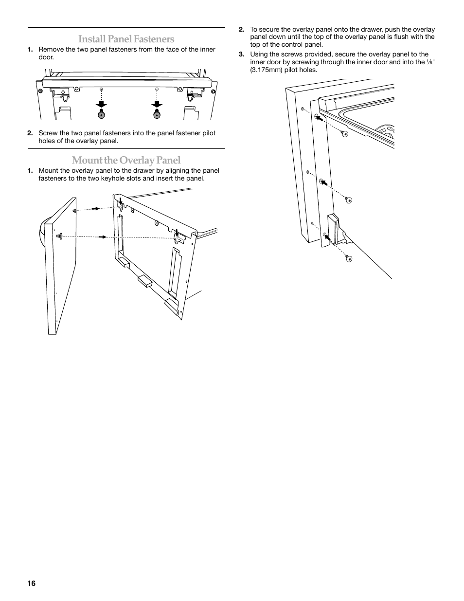 Install panel fasteners, Mount the overlay panel | KITCHENAID KUDD03STBL User Manual | Page 16 / 44