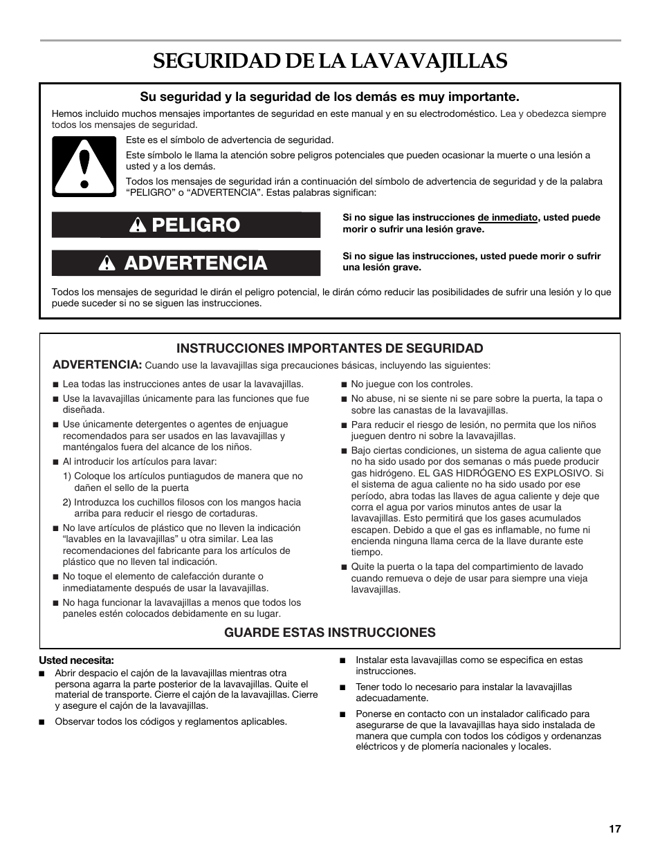 Seguridad de la lavavajillas, Advertencia peligro, Instrucciones importantes de seguridad | Guarde estas instrucciones | KITCHENAID KUDD03STBL User Manual | Page 17 / 44