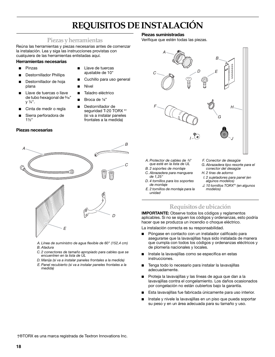 Requisitos de instalación, Piezas y herramientas, Requisitos de ubicación | KITCHENAID KUDD03STBL User Manual | Page 18 / 44