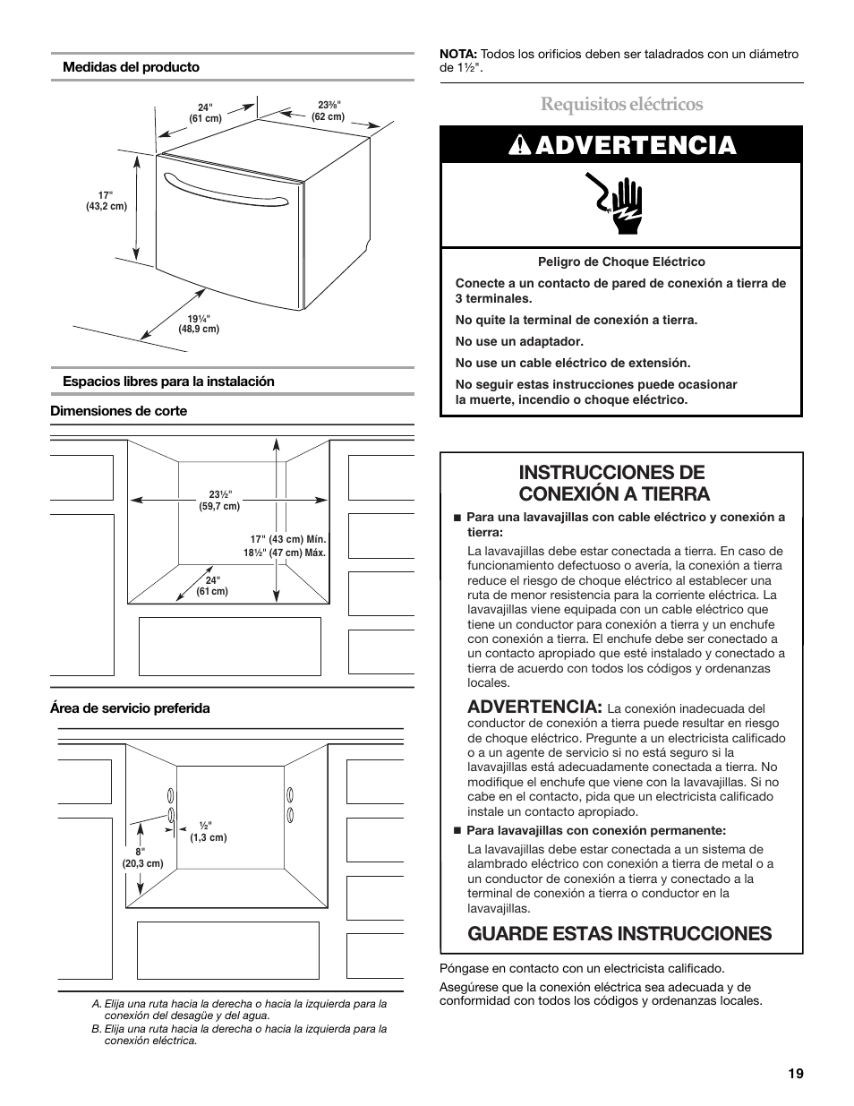 Advertencia, Requisitos eléctricos | KITCHENAID KUDD03STBL User Manual | Page 19 / 44