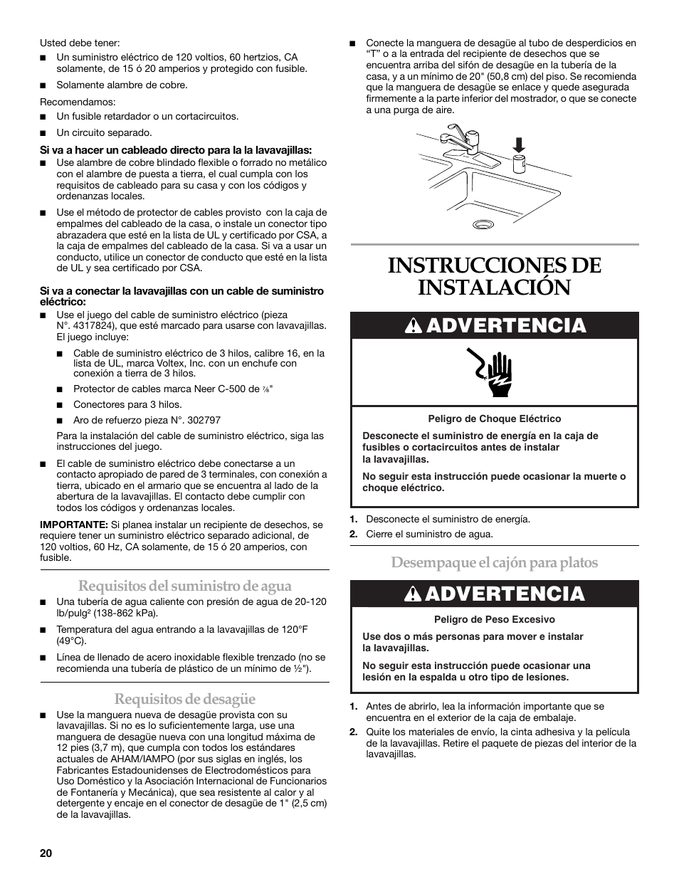 Instrucciones de instalación, Advertencia, Requisitos del suministro de agua | Requisitos de desagüe, Desempaque el cajón para platos | KITCHENAID KUDD03STBL User Manual | Page 20 / 44