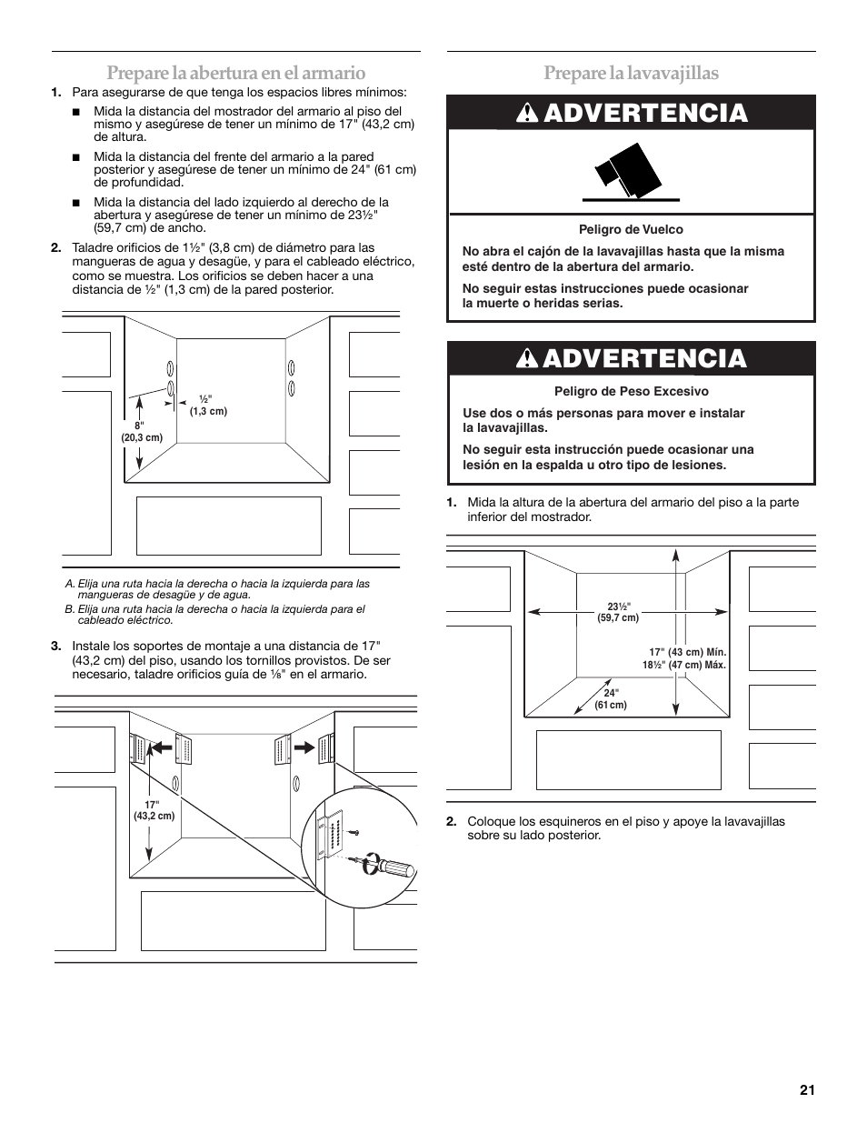 Advertencia, Prepare la abertura en el armario, Prepare la lavavajillas | KITCHENAID KUDD03STBL User Manual | Page 21 / 44