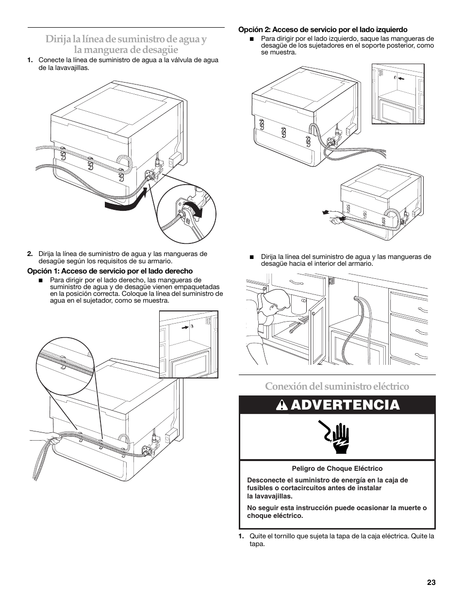 Advertencia, Conexión del suministro eléctrico | KITCHENAID KUDD03STBL User Manual | Page 23 / 44