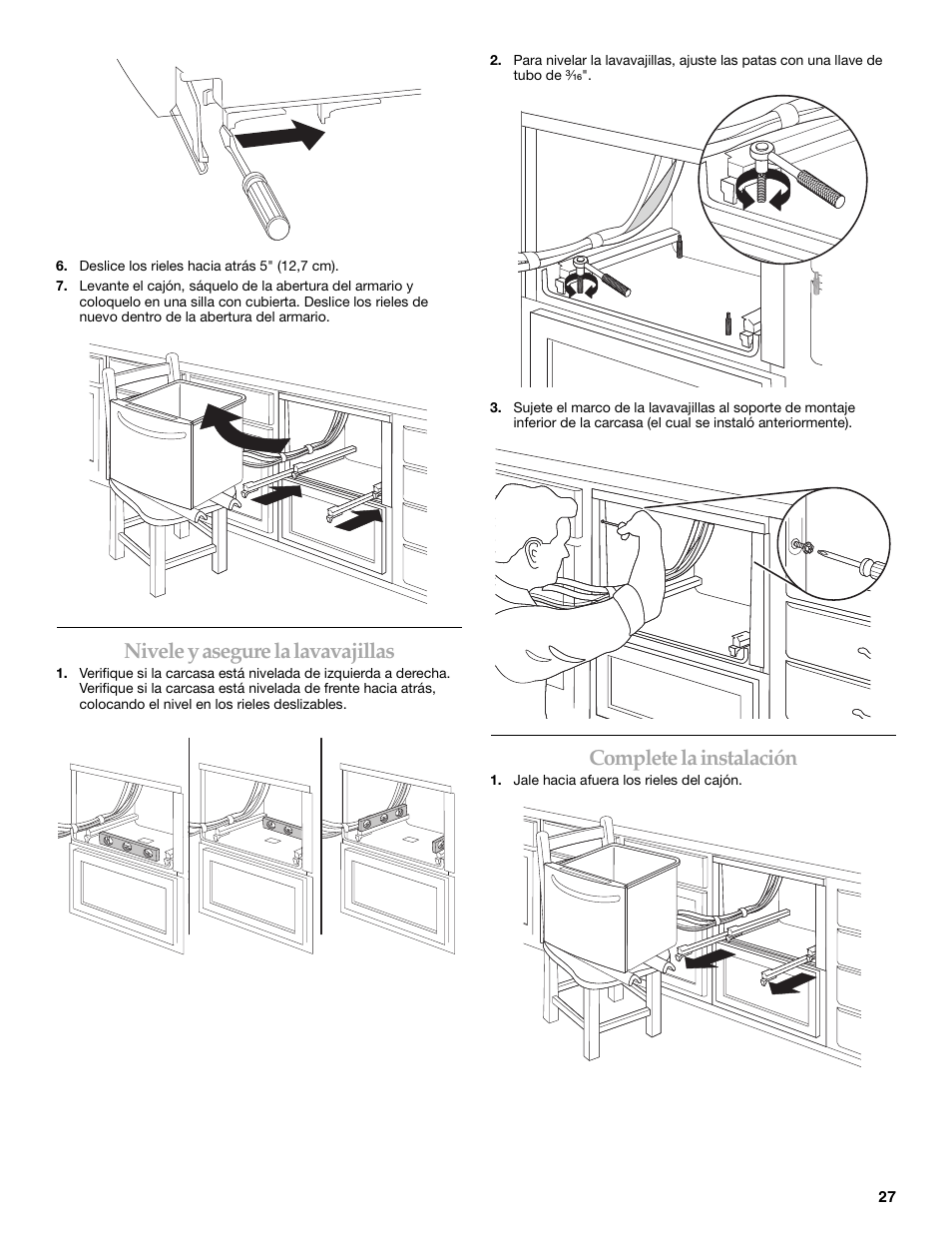 Nivele y asegure la lavavajillas, Complete la instalación | KITCHENAID KUDD03STBL User Manual | Page 27 / 44