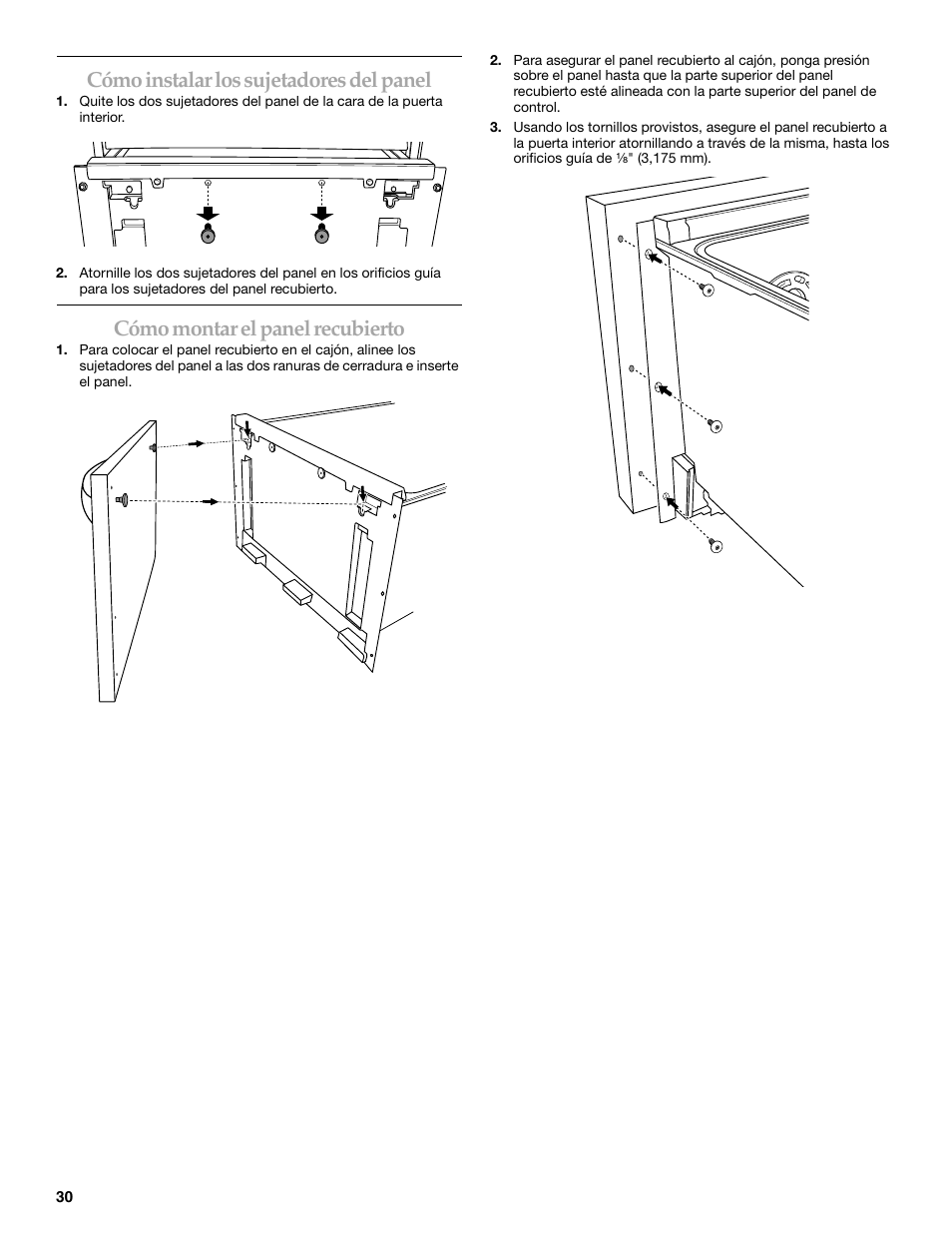 Cómo instalar los sujetadores del panel, Cómo montar el panel recubierto | KITCHENAID KUDD03STBL User Manual | Page 30 / 44