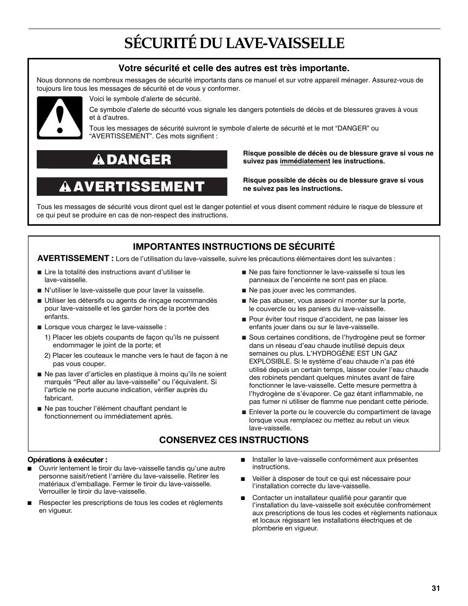Sécurité du lave-vaisselle, Avertissement danger, Importantes instructions de sécurité | Conservez ces instructions | KITCHENAID KUDD03STBL User Manual | Page 31 / 44