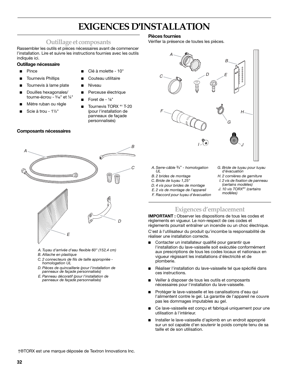 Exigences d'installation, Outillage et composants, Exigences d’emplacement | KITCHENAID KUDD03STBL User Manual | Page 32 / 44