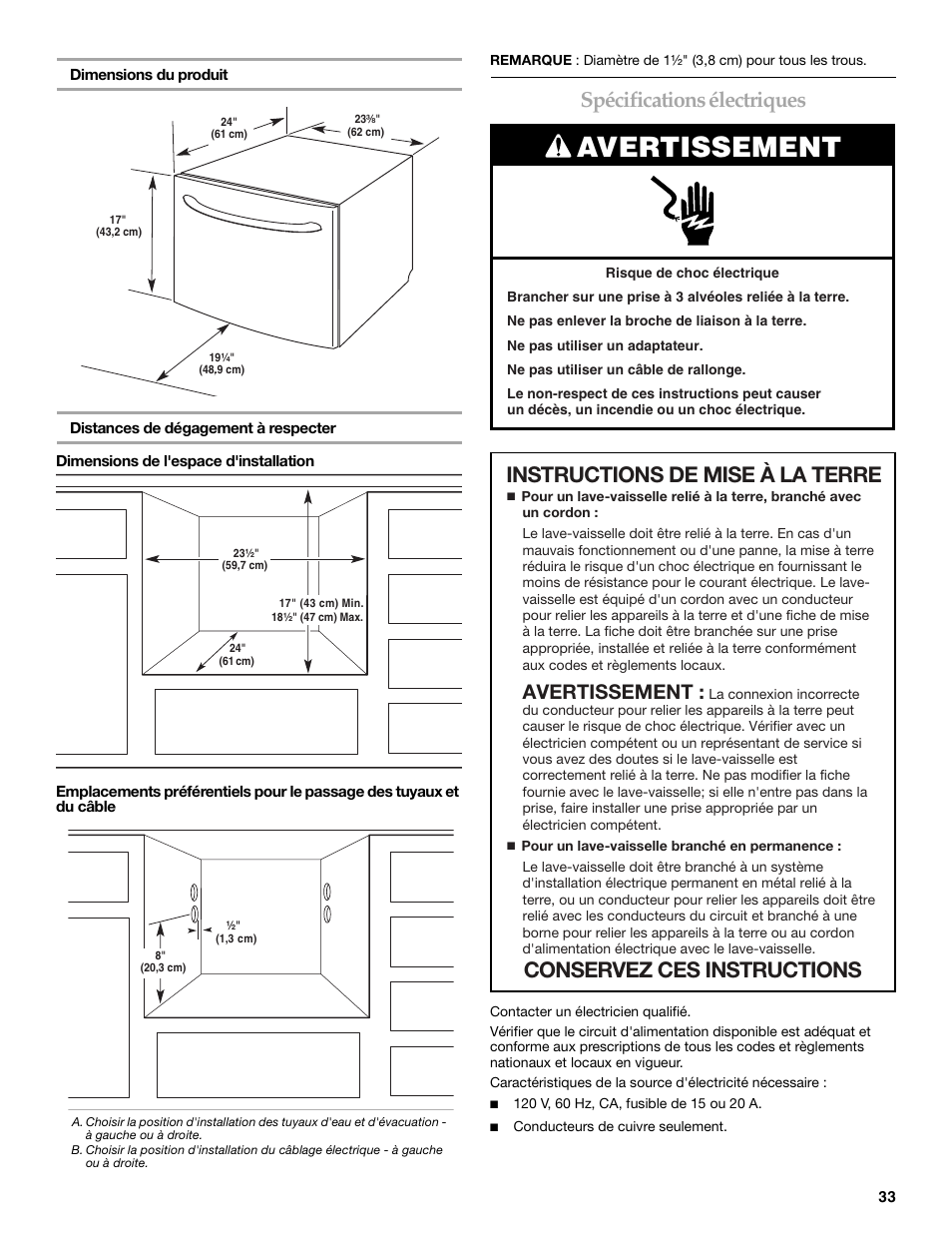 Avertissement, Spécifications électriques | KITCHENAID KUDD03STBL User Manual | Page 33 / 44