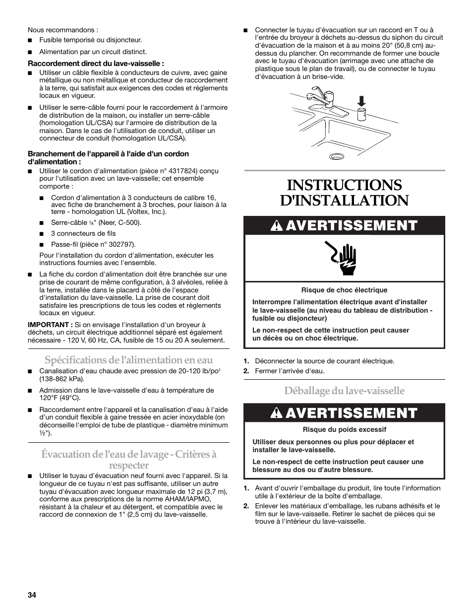 Instructions d'installation, Avertissement, Spécifications de l'alimentation en eau | Déballage du lave-vaisselle | KITCHENAID KUDD03STBL User Manual | Page 34 / 44