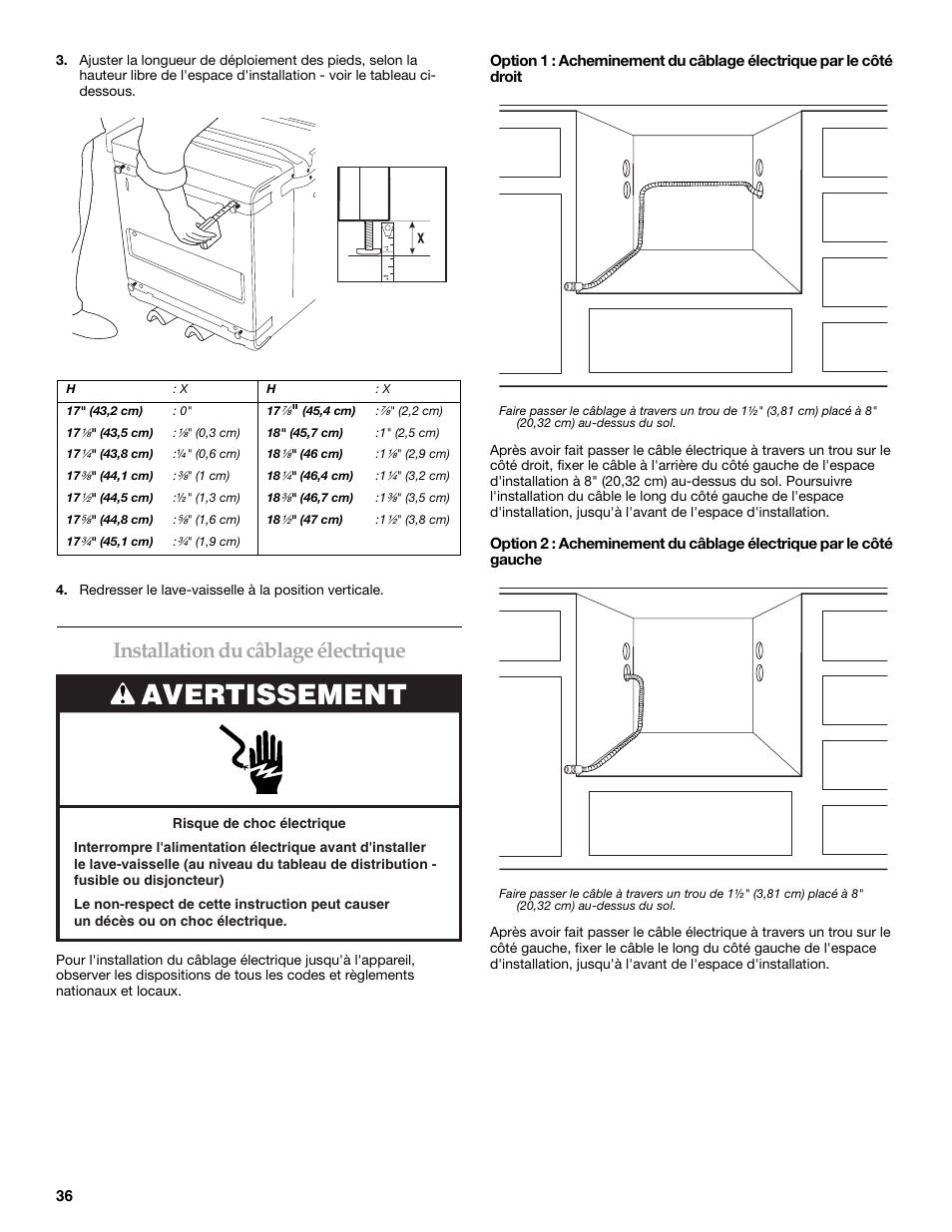 Avertissement, Installation du câblage électrique | KITCHENAID KUDD03STBL User Manual | Page 36 / 44