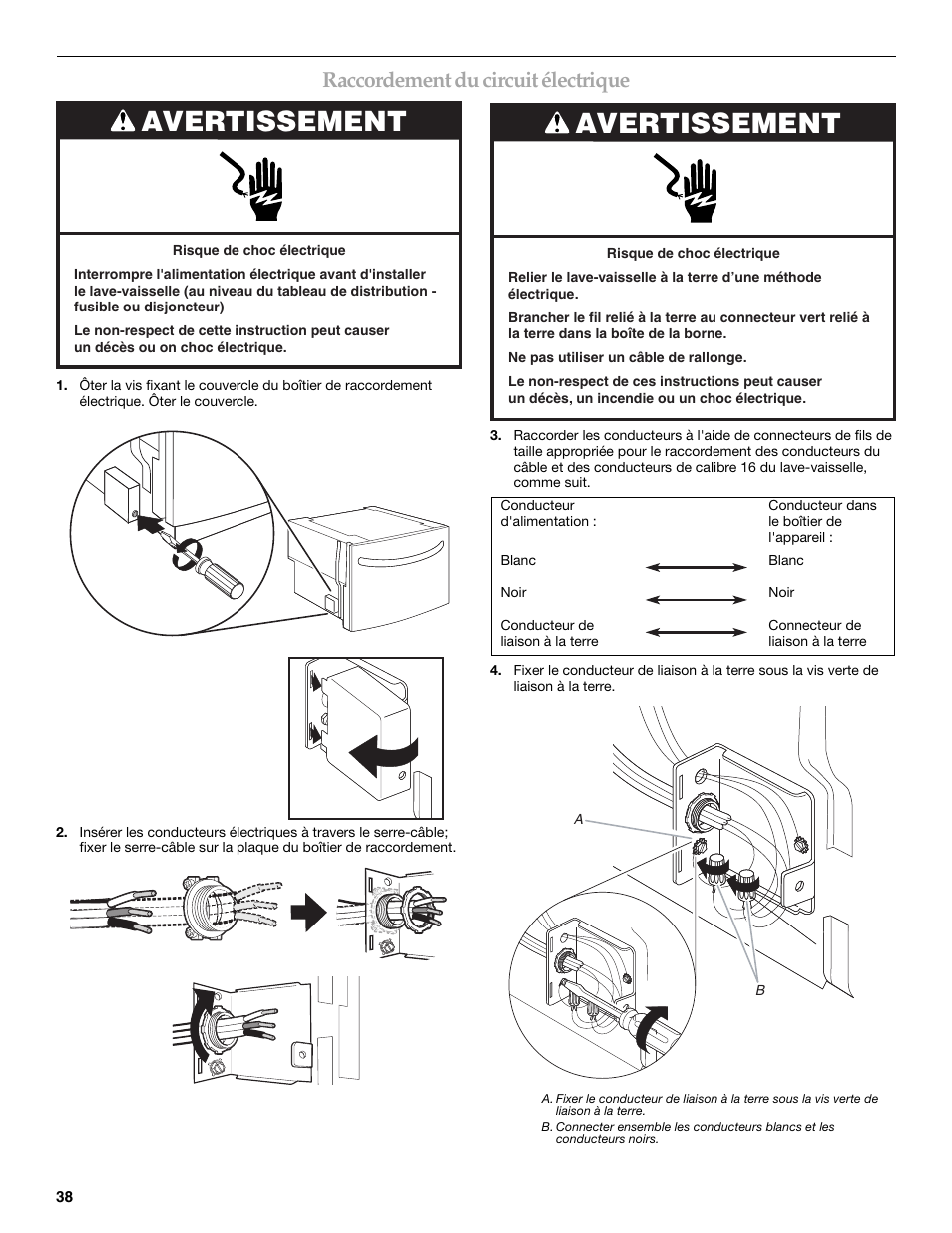 Avertissement, Raccordement du circuit électrique | KITCHENAID KUDD03STBL User Manual | Page 38 / 44