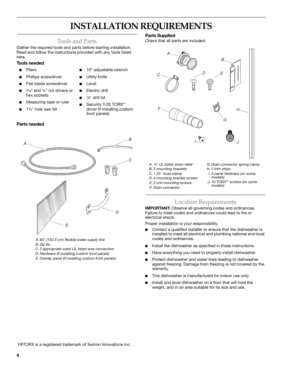 Installation requirements, Tools and parts, Location requirements | KITCHENAID KUDD03STBL User Manual | Page 4 / 44