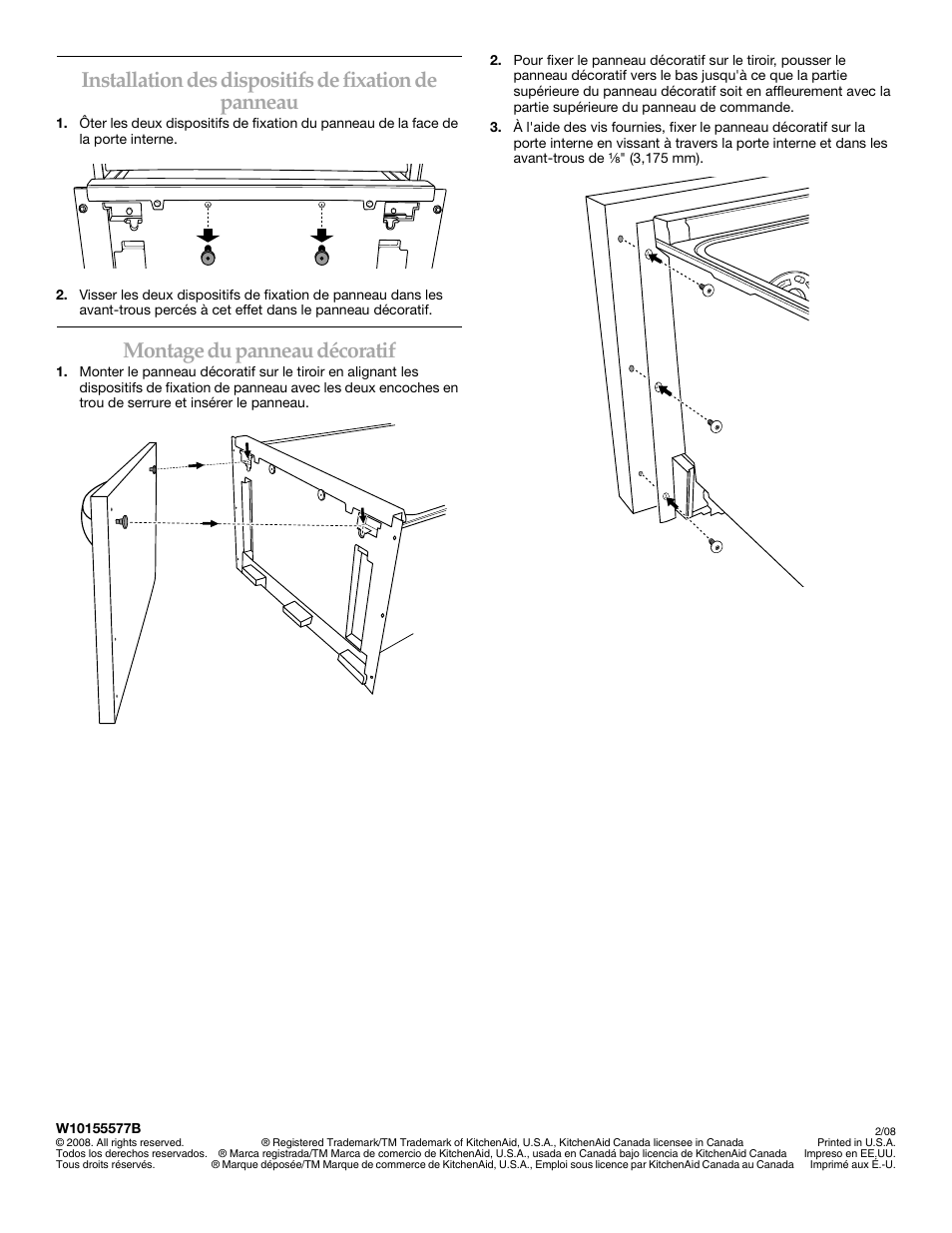 Montage du panneau décoratif | KITCHENAID KUDD03STBL User Manual | Page 44 / 44