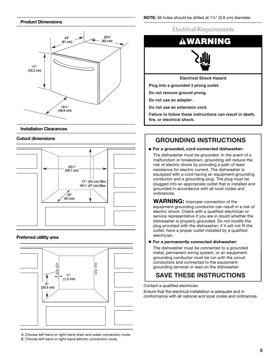 Warning, Electrical requirements, Grounding instructions save these instructions | KITCHENAID KUDD03STBL User Manual | Page 5 / 44