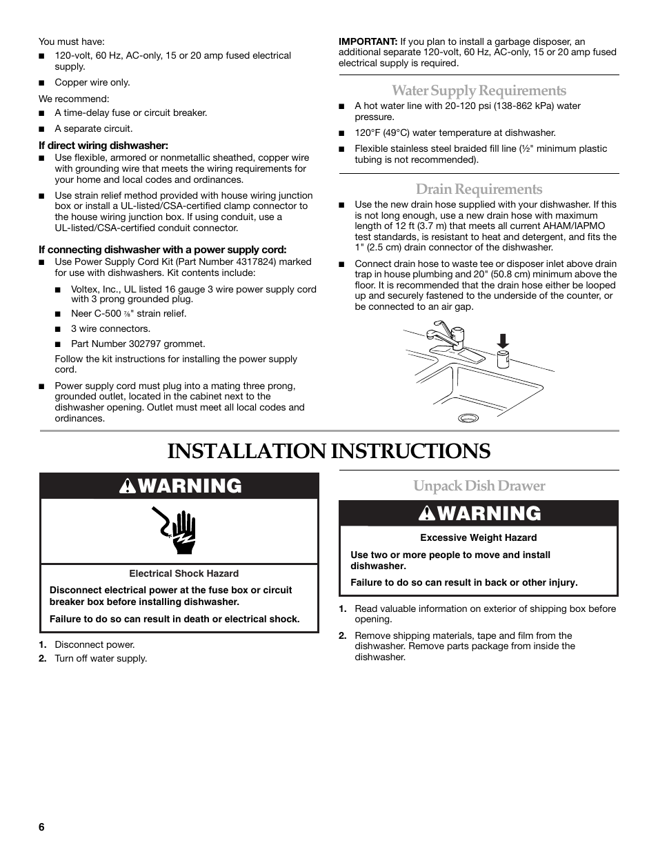 Installation instructions, Warning, Water supply requirements | Drain requirements, Unpack dish drawer | KITCHENAID KUDD03STBL User Manual | Page 6 / 44