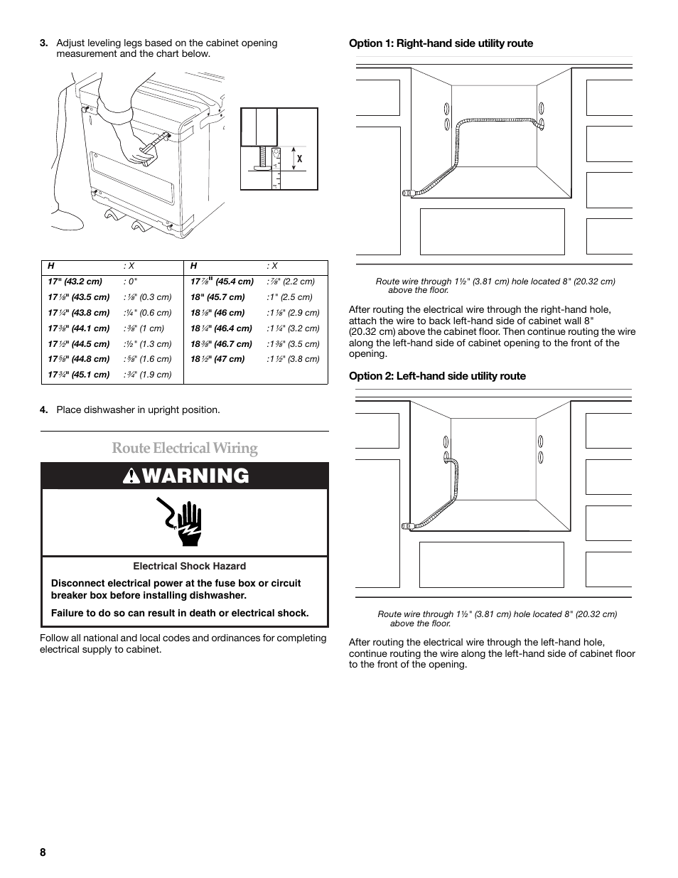 Warning, Route electrical wiring | KITCHENAID KUDD03STBL User Manual | Page 8 / 44