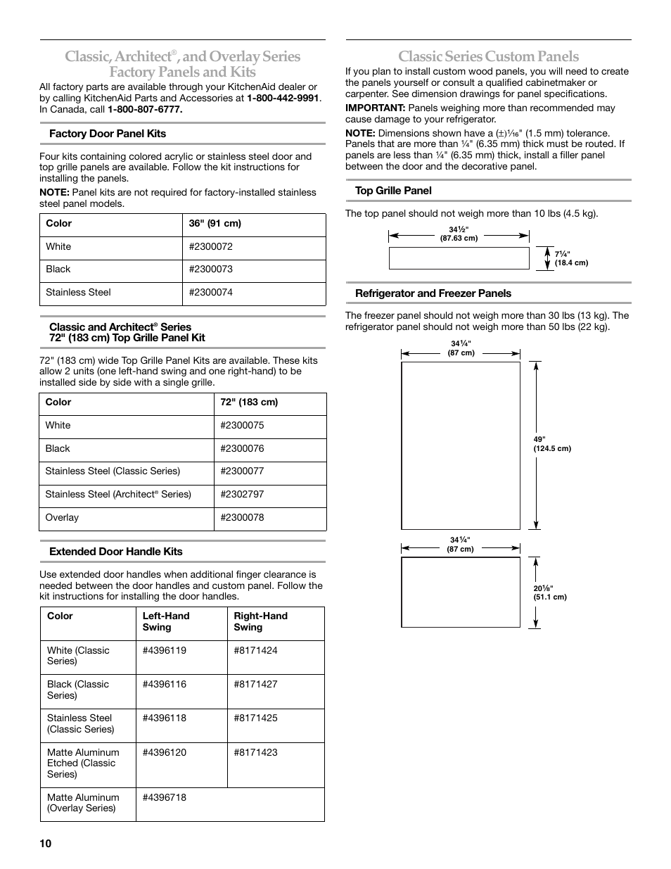 Classic, architect, Classic series custom panels, And overlay series factory panels and kits | KITCHENAID 2307890A User Manual | Page 10 / 68