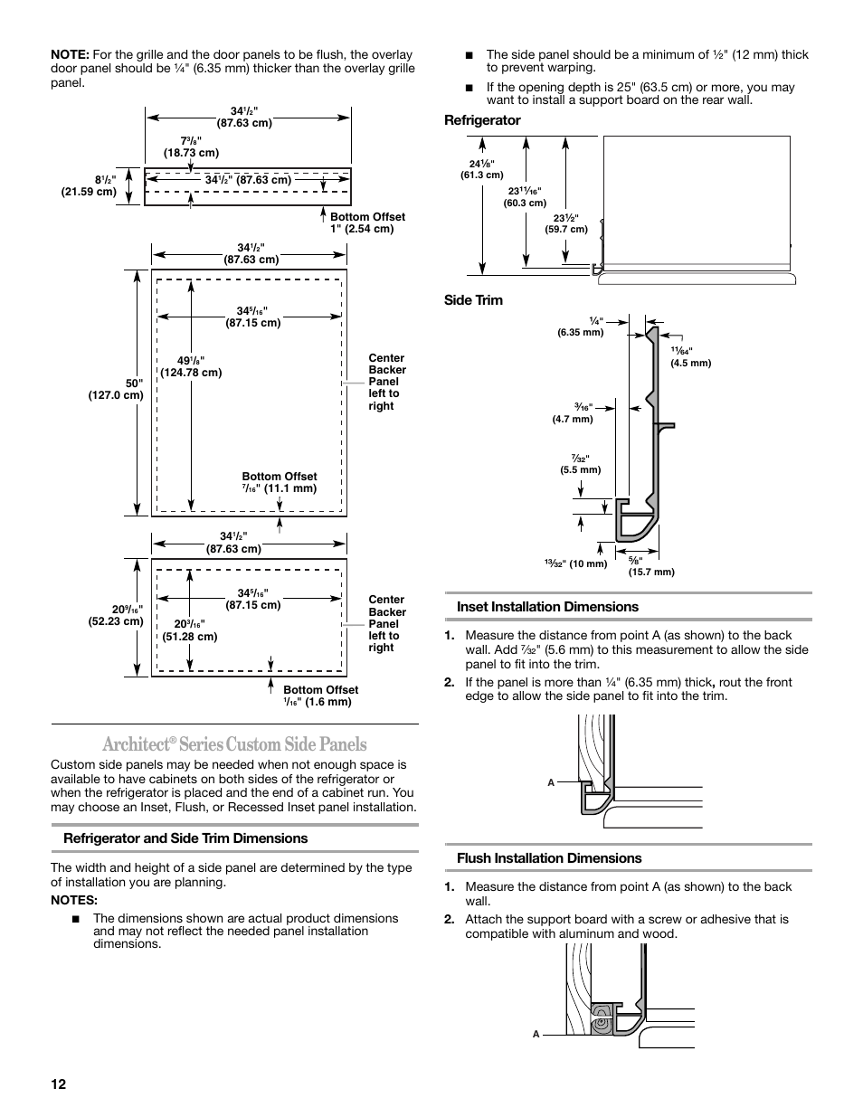 Architect, Series custom side panels, Refrigerator and side trim dimensions | Flush installation dimensions | KITCHENAID 2307890A User Manual | Page 12 / 68