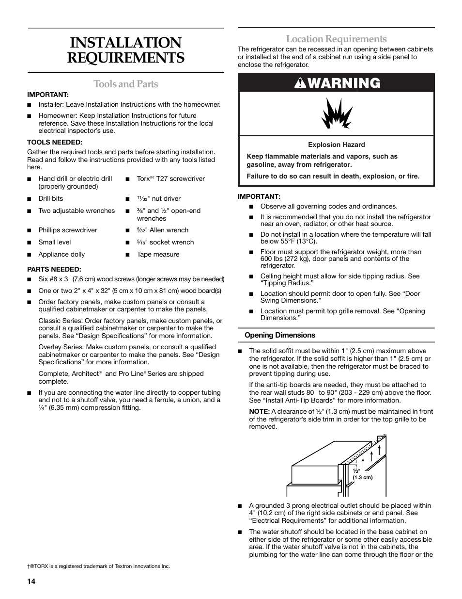 Installation requirements, Tools and parts, Location requirements | Warning | KITCHENAID 2307890A User Manual | Page 14 / 68