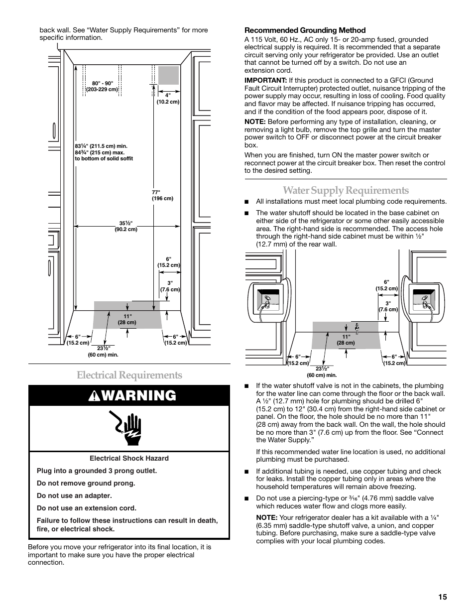 Electrical requirements, Water supply requirements, Warning | KITCHENAID 2307890A User Manual | Page 15 / 68