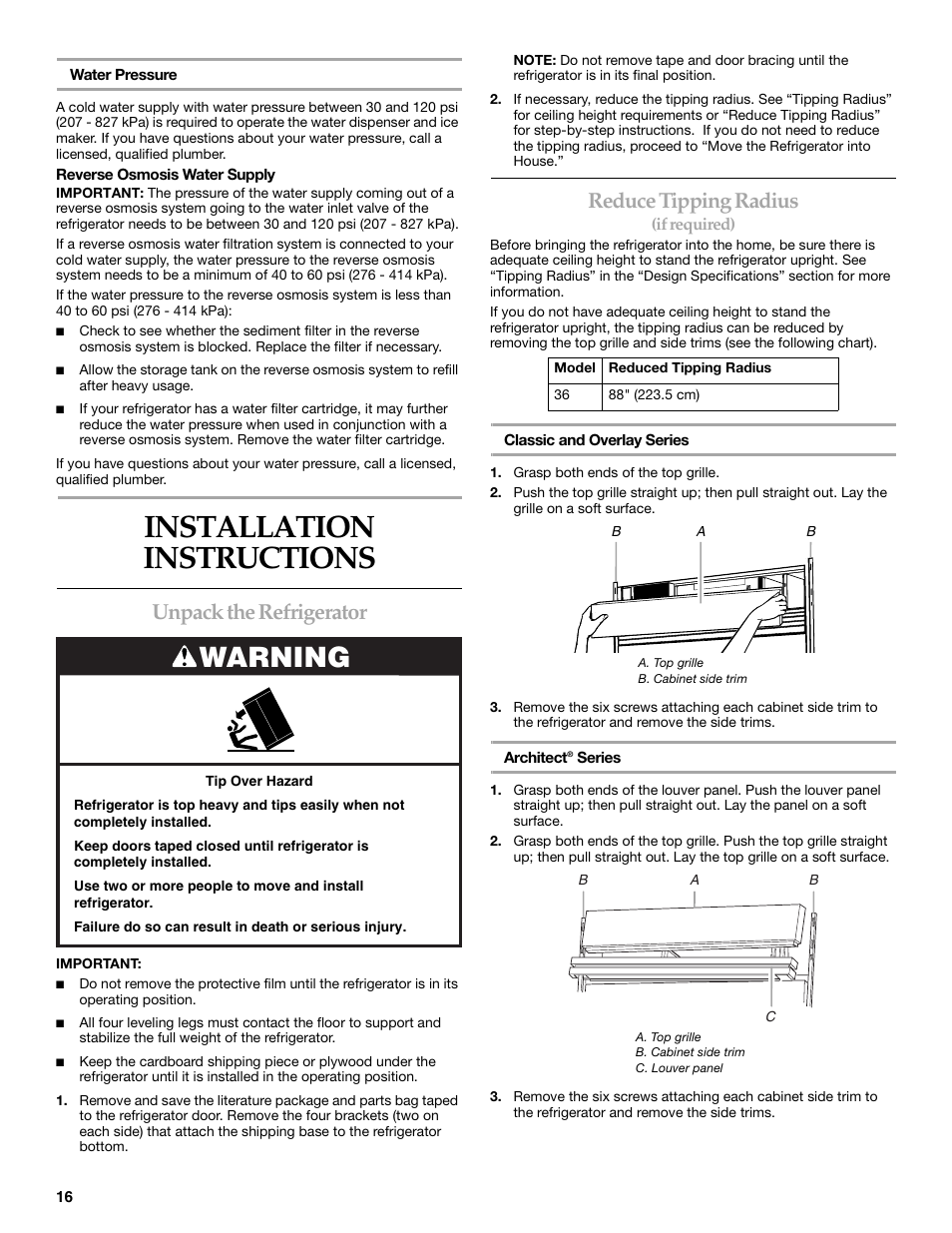 Installation instructions, Unpack the refrigerator, Reduce tipping radius | Warning | KITCHENAID 2307890A User Manual | Page 16 / 68