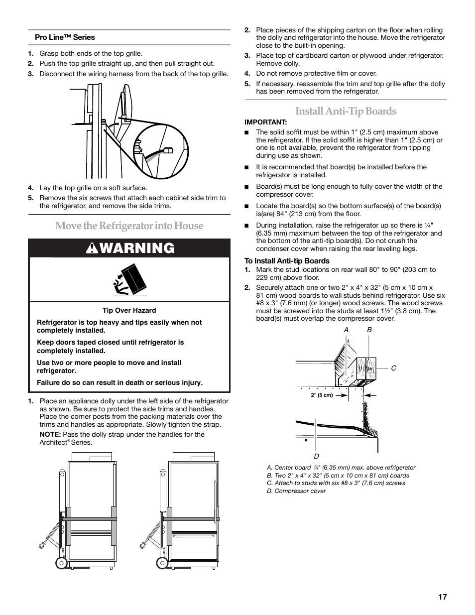 Move the refrigerator into house, Install anti-tip boards, Warning | KITCHENAID 2307890A User Manual | Page 17 / 68