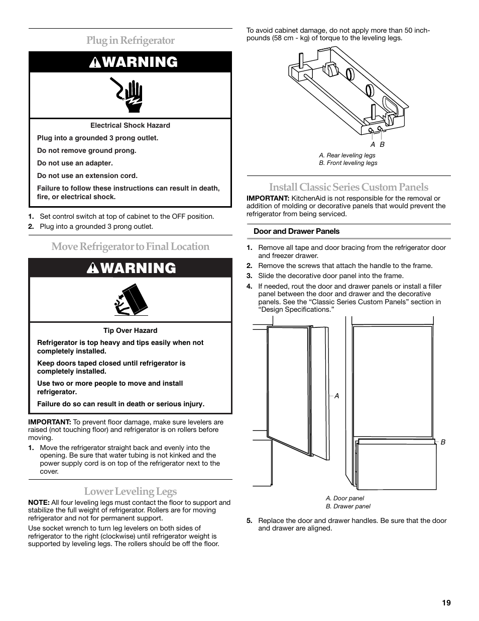 Plug in refrigerator, Move refrigerator to final location, Lower leveling legs | Install classic series custom panels, Warning | KITCHENAID 2307890A User Manual | Page 19 / 68