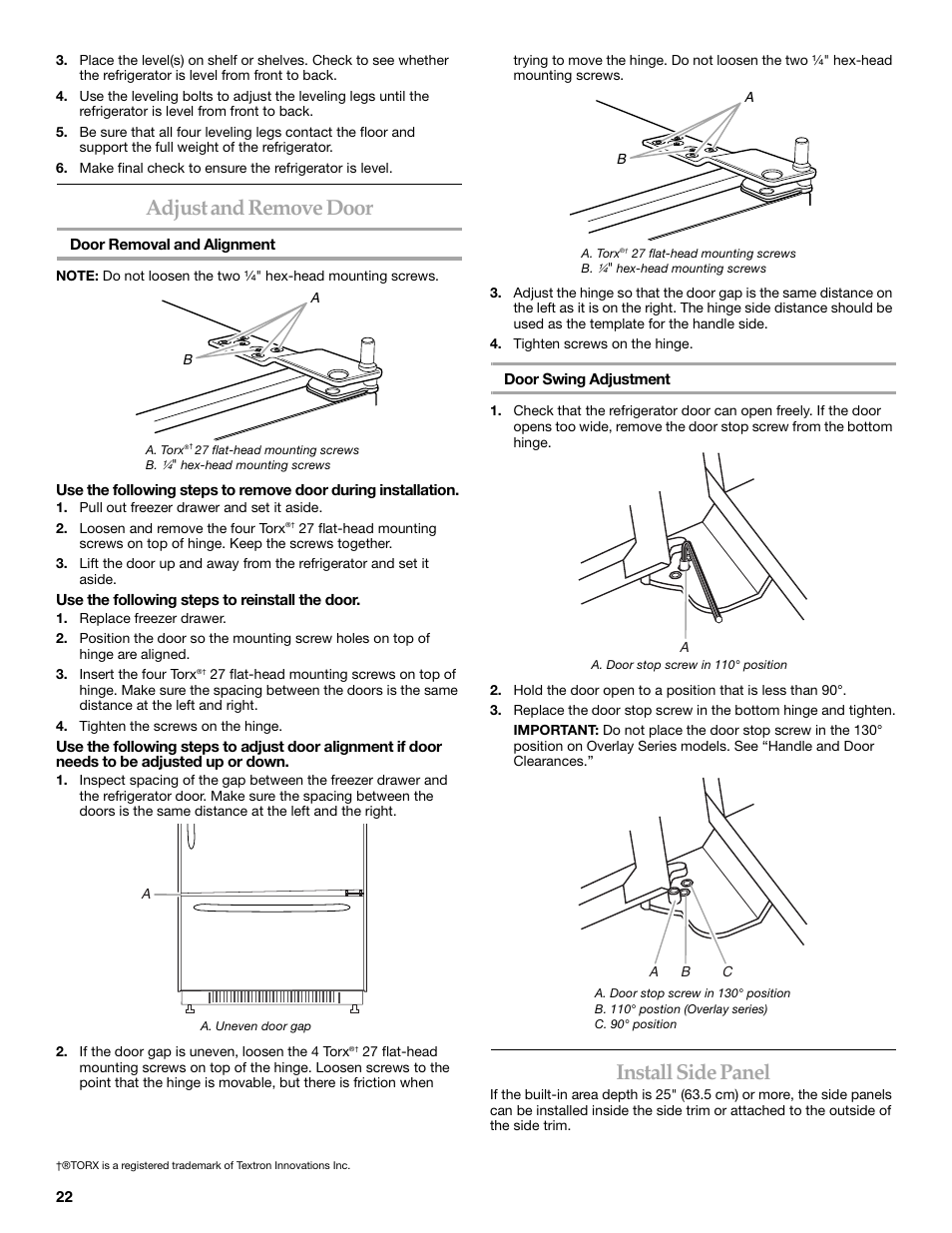 Adjust and remove door, Install side panel | KITCHENAID 2307890A User Manual | Page 22 / 68