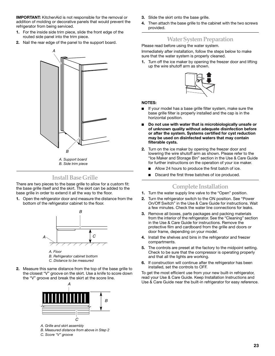 Install base grille, Water system preparation, Complete installation | KITCHENAID 2307890A User Manual | Page 23 / 68