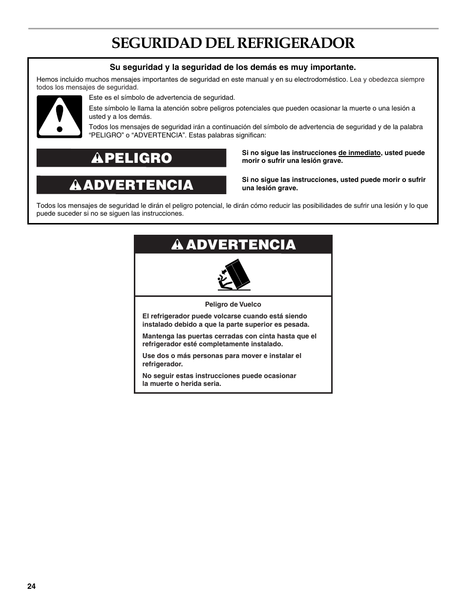Spanish version, Seguridad del refrigerador, Advertencia peligro | Advertencia | KITCHENAID 2307890A User Manual | Page 24 / 68