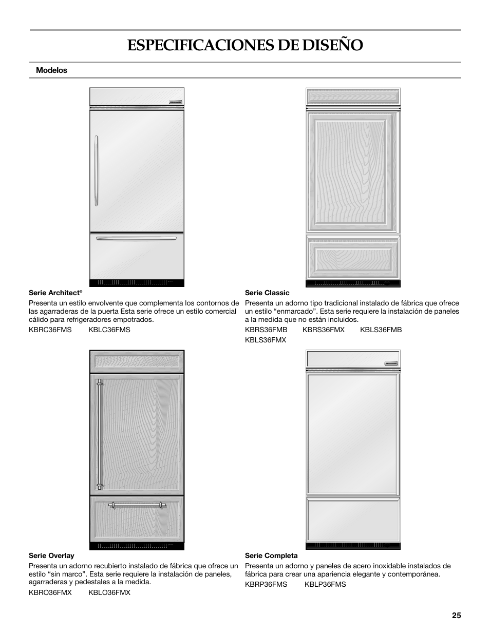 Especificaciones dediseño, Especificaciones de diseño | KITCHENAID 2307890A User Manual | Page 25 / 68