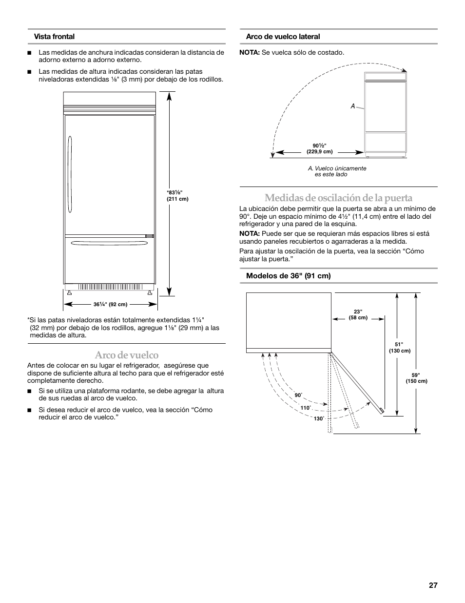 Arco de vuelco, Medidas de oscilación de la puerta | KITCHENAID 2307890A User Manual | Page 27 / 68