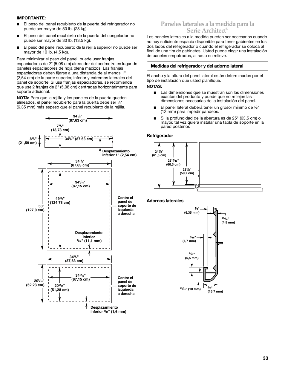 Medidas del refrigerador y del adorno lateral, Refrigerador adornos laterales | KITCHENAID 2307890A User Manual | Page 33 / 68