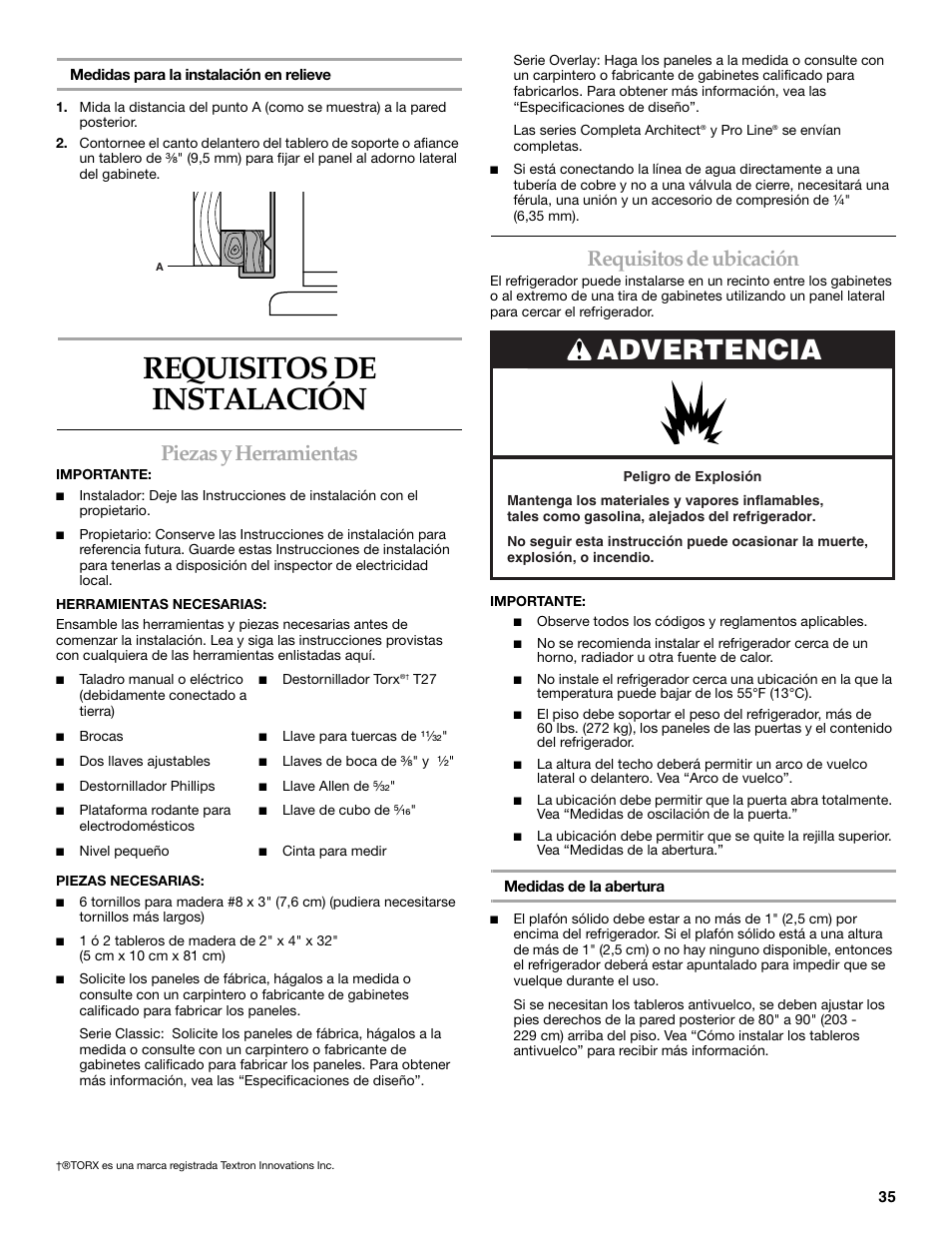 Requisitos de instalacion, Requisitos de instalación, Advertencia | Piezas y herramientas, Requisitos de ubicación | KITCHENAID 2307890A User Manual | Page 35 / 68