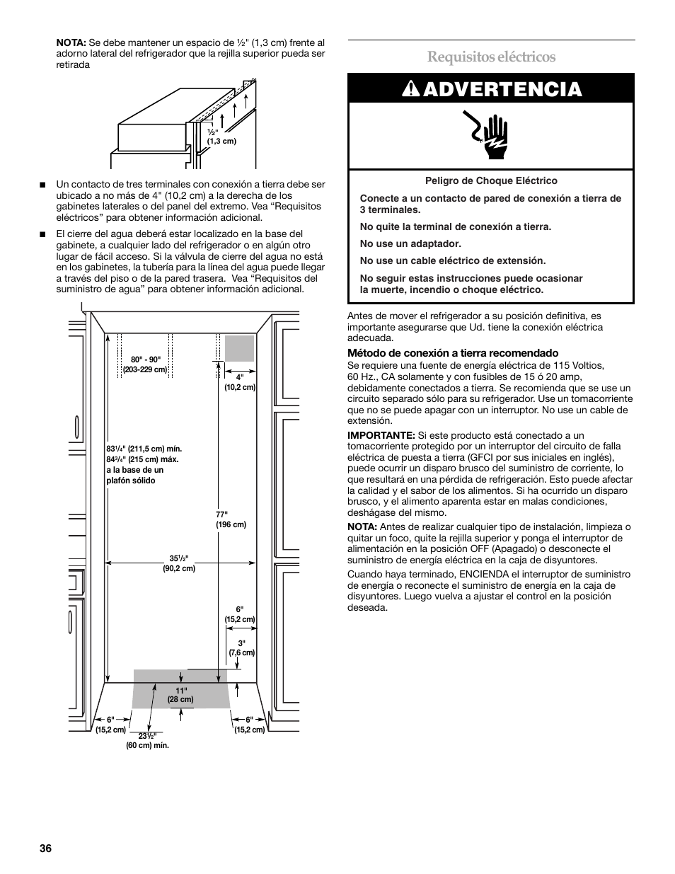 Advertencia, Requisitos eléctricos | KITCHENAID 2307890A User Manual | Page 36 / 68
