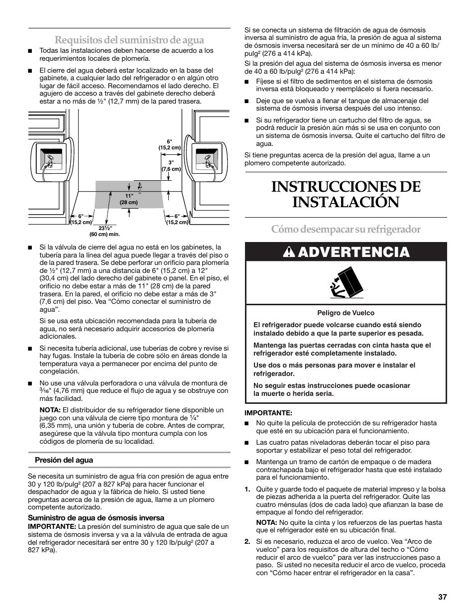 Instrucciones de instalacion, Instrucciones de instalación, Advertencia | Requisitos del suministro de agua, Cómo desempacar su refrigerador | KITCHENAID 2307890A User Manual | Page 37 / 68