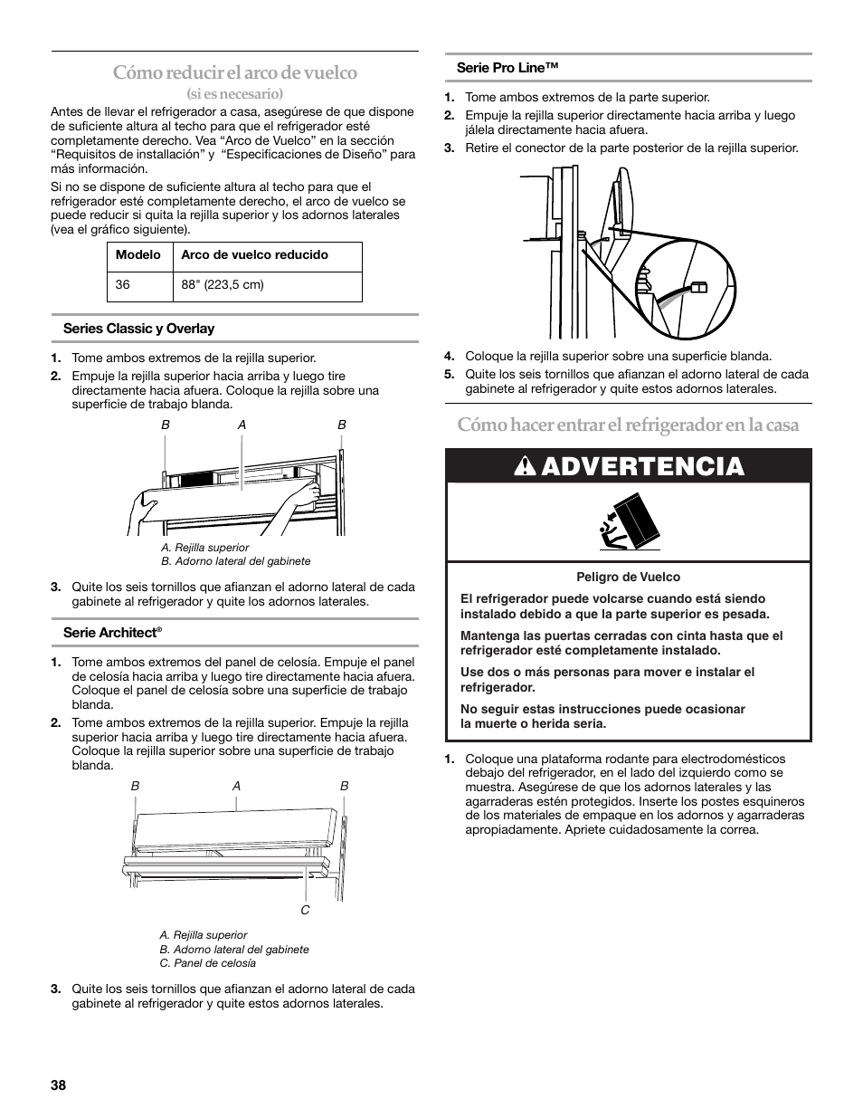 Advertencia, Cómo reducir el arco de vuelco, Cómo hacer entrar el refrigerador en la casa | KITCHENAID 2307890A User Manual | Page 38 / 68